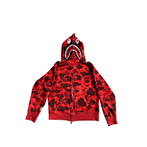 M BAPE A Bathing Ape Red Camo Shark Full Zip Hoodie | Vintage 2000s Streetwear - Picture 1 of 9